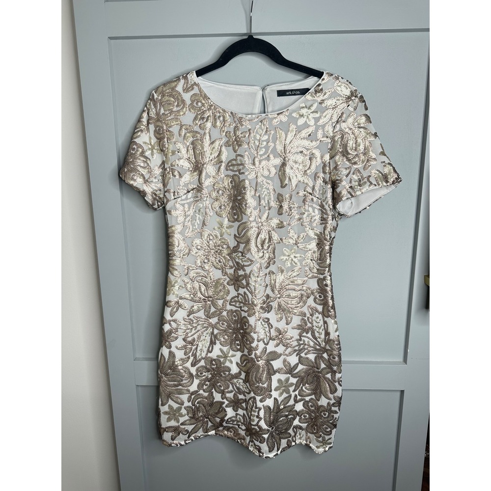 Ark & Co Sequin Floral Cocktail Dress Party Shimmery Sparkly Neutral‎ Size M